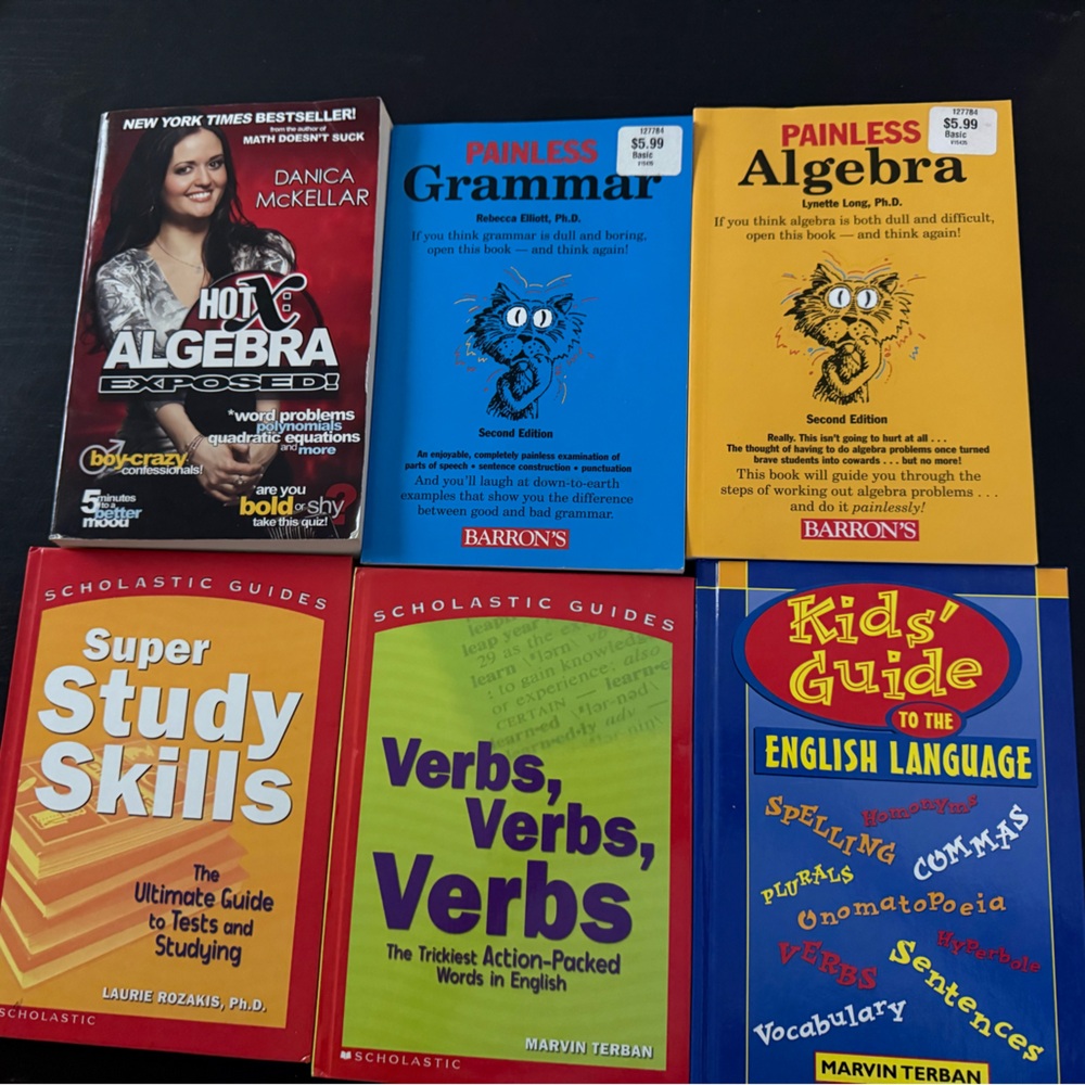 High school Algebra books, English grammar books, study skills book